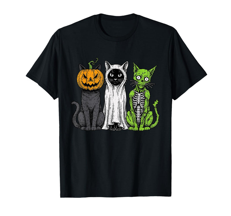 Halloween Tees for Women Men Kids Skeleton Cat Pumpkin Ghost Halloween Kitty Meow Girl Boy Kid T-Shirt - Black