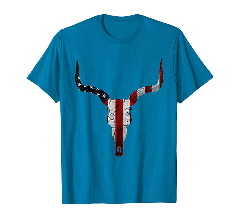Cow skull USA Flag Bull Skull American Flag Cow Skull Western Graphic Wild West T-Shirt - Sapphire Blue
