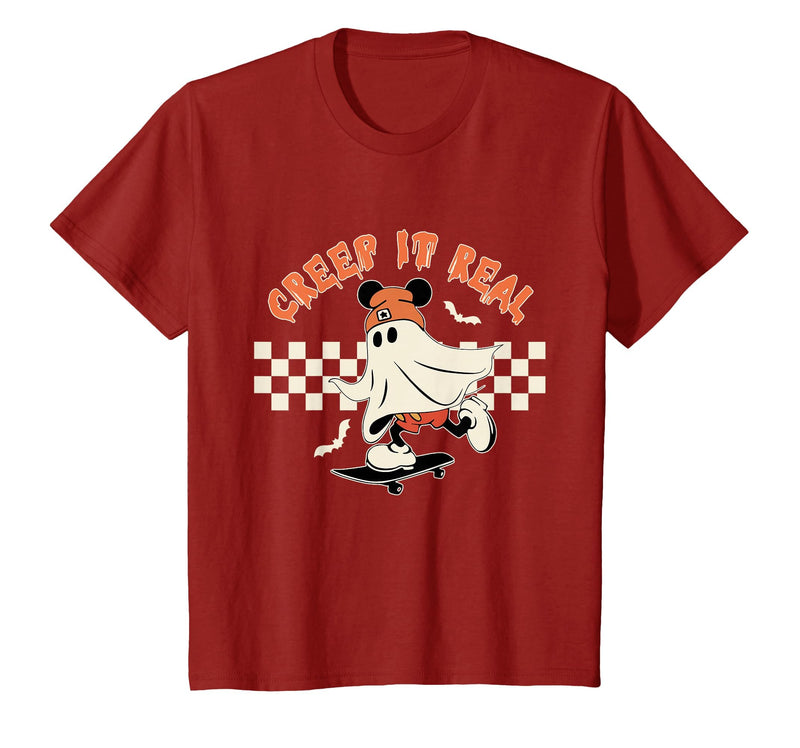 Halloween Creep it Real Vintage Ghost CKTEE2 Vintage Halloween Creep It Real Mouse Ghost Boy Fall Season T-Shirt - Cranberry
