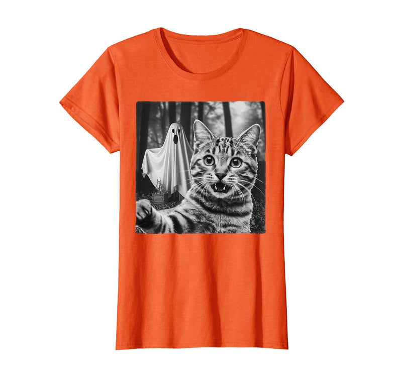 Halloween Cat Selfie with Spooky Ghost t -shir t Halloween Cat Selfie with Spooky Ghost T-Shirt - Orange