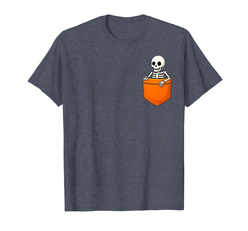 Halloween Spooky Funny Design Skeleton in Pocket Halloween Spooky Funny Skull Costume T-Shirt - Heather Blue