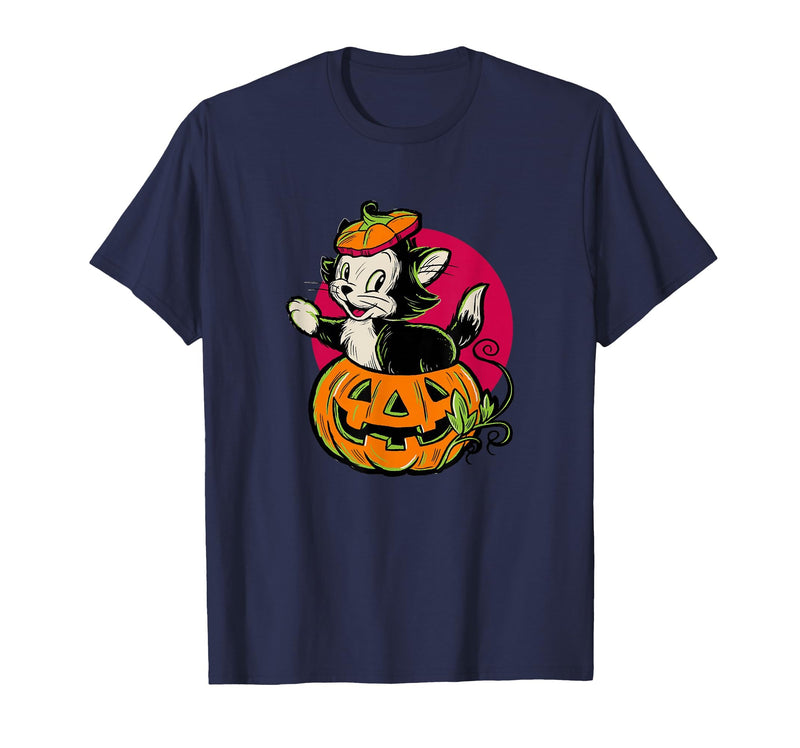 Disney Pinocchio Halloween Figaro Inside A Pumpkin Retro T-Shirt - Navy Blue