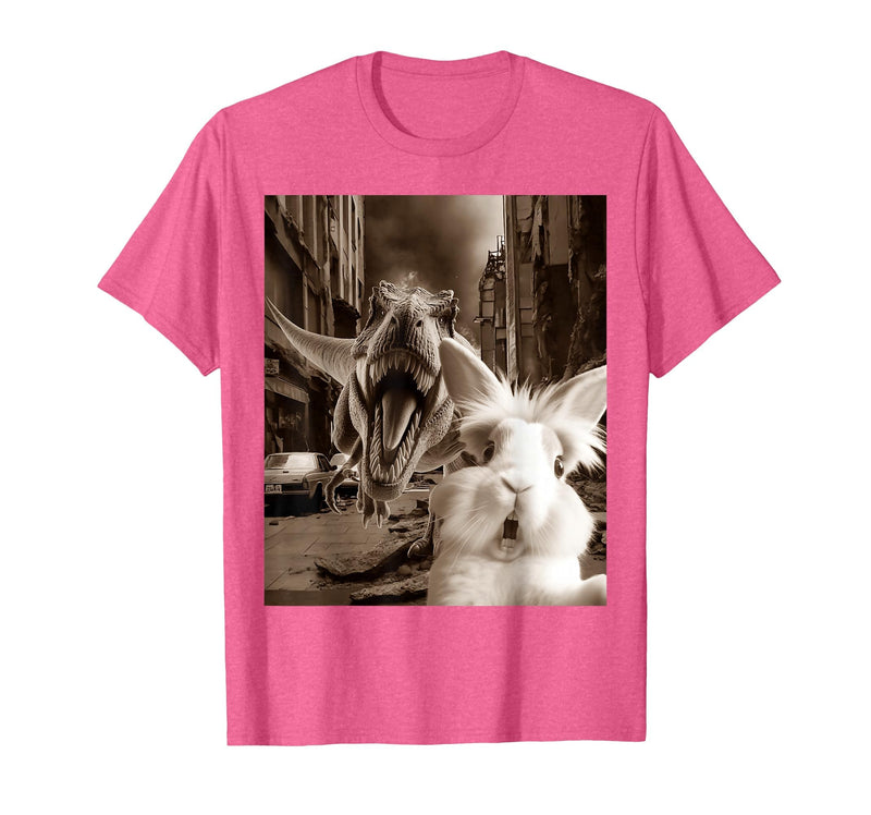Funny Bunny Rabbit Selfie with T-Rex Tyrannosaurus Dinosaur T-Shirt in Pink Heather