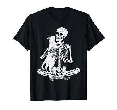 Halloween Tees Women Men Kids Skeleton Holding Cat Funny Spooky Halloween Meow Kitty Lover T-Shirt
