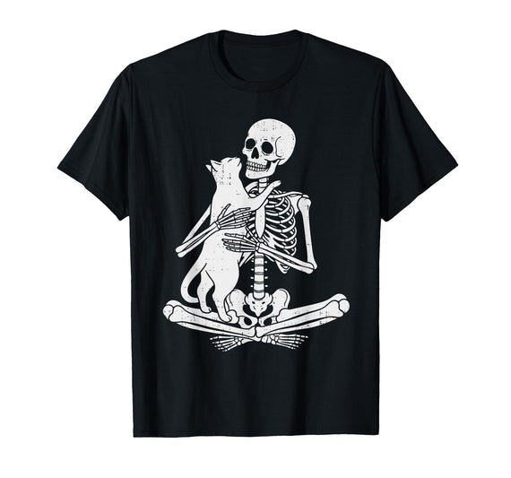 Halloween Tees Women Men Kids Skeleton Holding Cat Funny Spooky Halloween Meow Kitty Lover T-Shirt - Black