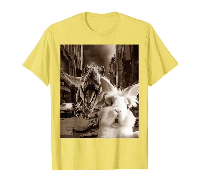 Funny Bunny Rabbit Selfie with T-Rex Tyrannosaurus Dinosaur T-Shirt in Lemon Yellow