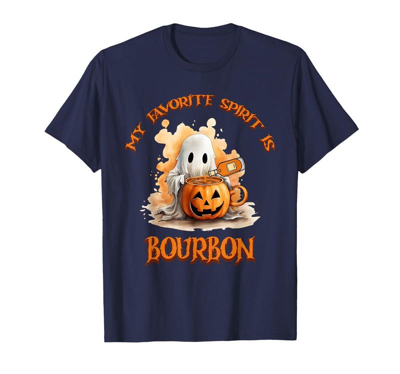 Boo Watercolor Pumpkin Cup Light Witch Hat Bottle Bourbon My Favorite Spirit is Bourbon Happy Halloween Boo T-Shirt - Navy