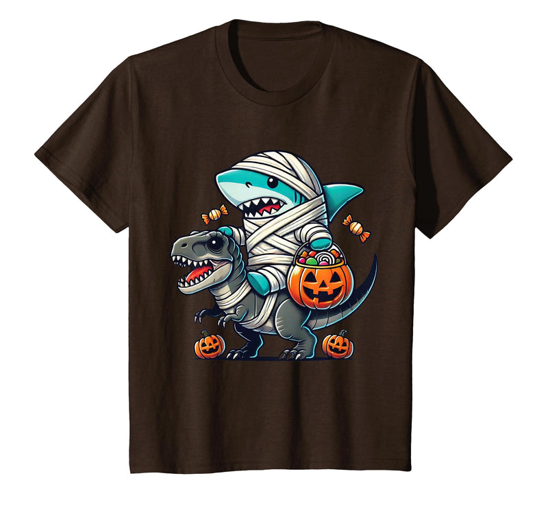 Funny Shark Dinosaur Halloween Kids Boys Tees Shark Riding Dinosaur T-rex Funny Halloween Pumpkin Boys Kid T-Shirt - Brown