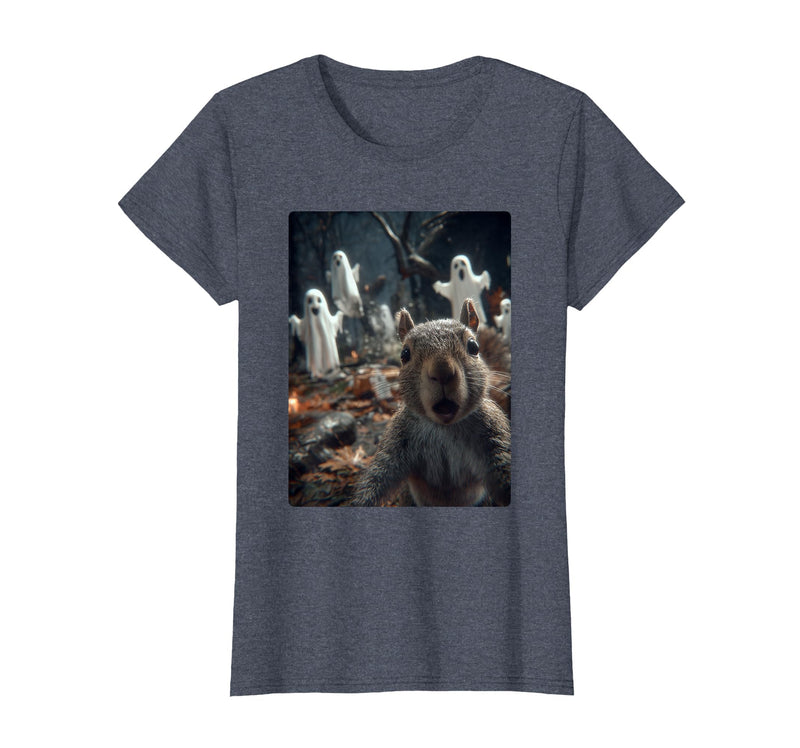 Funny Halloween Animals Selfies Clothing Funny Squirrel Selfie with Ghosts Haunted Forest Halloween T-Shirt - Heather Blue