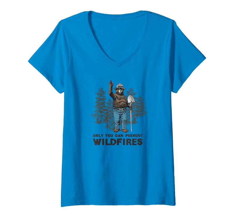 Womens Smokey Bear Only You Can Prevent Wildfires V-Neck T-Shirt - Sapphire Blue
