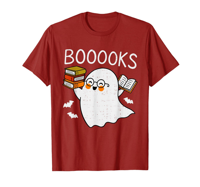 Halloween Tees for Women Men Kids Booooks Ghost Reading Halloween Library Librarian Teacher T-Shirt - Cranberry Red