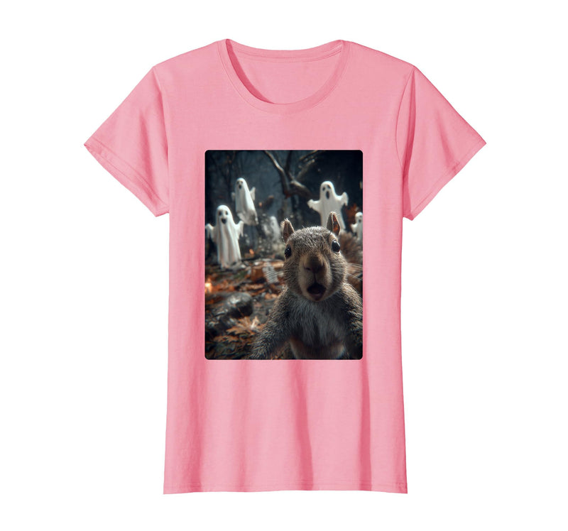 Funny Halloween Animals Selfies Clothing Funny Squirrel Selfie with Ghosts Haunted Forest Halloween T-Shirt - Pink