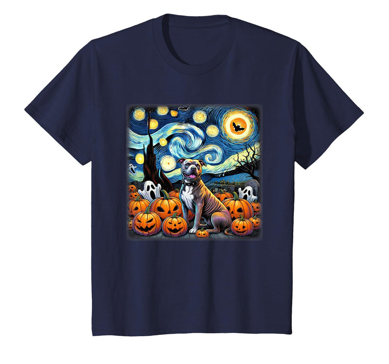 Pitbull Starry Night Tees Starry Night Pitbull Halloween T-Shirt - Navy Blue
