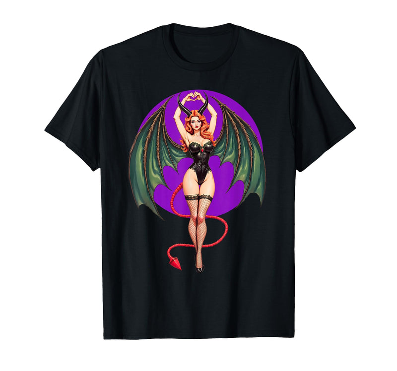 Classic Vintage Pin-Up Sexy Girl by YUX Sexy Succubus Monster Halloween Hand Heart Pin-Up Girl Devil T-Shirt - Black