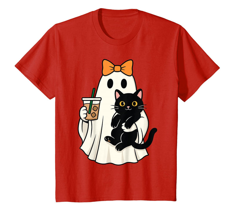 halloween iced coffee costume Cat Women Girls Cute Halloween Cat Ghost Drinking Coffee Ghost Women Girls T-Shirt - Red
