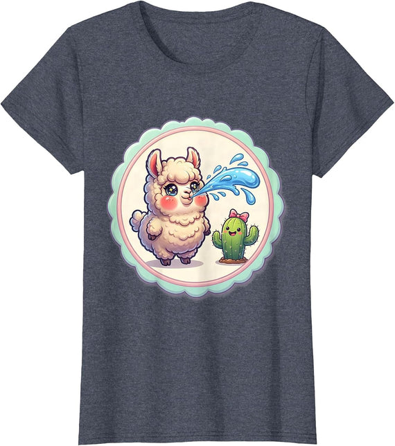 Women's Funny Llama Spitting at Cactus Illustration T-Shirt - Heather Blue