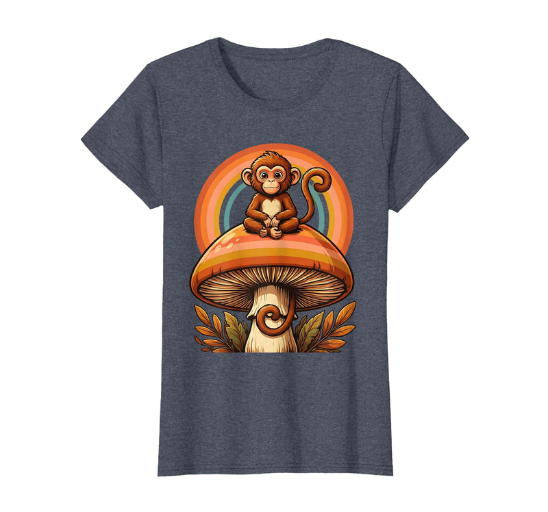 Mademark Monkey Perched on Giant Mushroom Illustration T-Shirt - Women - Heather Blue