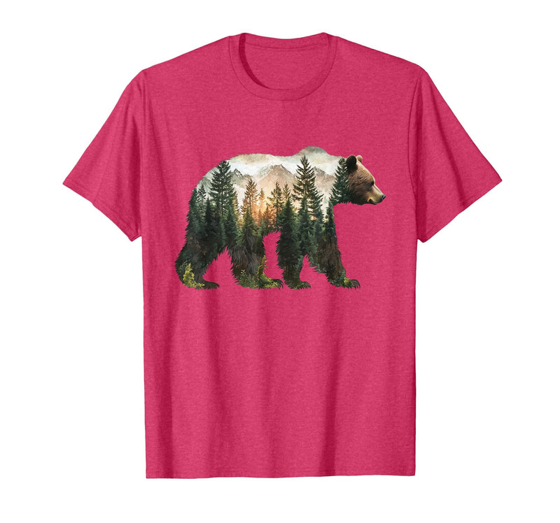 Bear Designs. Bear Forest Mountains Trees Nature Sunset Outdoor Graphic T-Shirt - Red Heather
