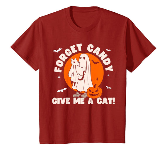 Cute Ghost Black Cat Halloween Shirts Forget Candy Give Me a Cat - Funny Black Cat Ghost Halloween T-Shirt - Cranberry Red