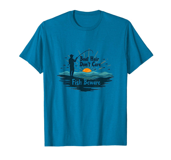 Mademark Boat Hair Don't Care Fish Beware Fishing Apparel T-Shirt - Sapphire Blue