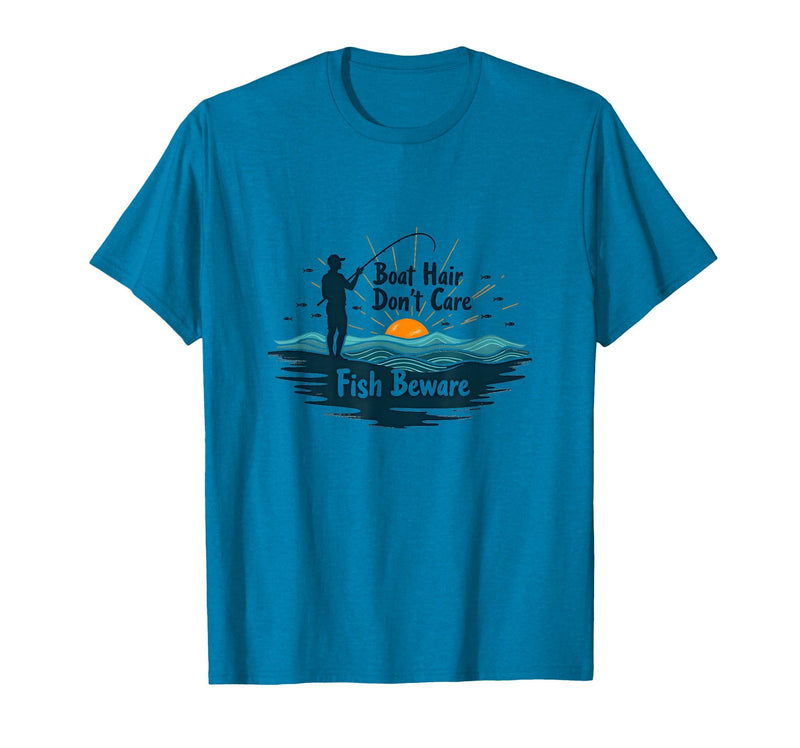 Mademark Boat Hair Don't Care Fish Beware Fishing Apparel T-Shirt - Sapphire Blue