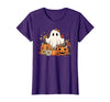 Ghost Halloween Flower Costume Floral Women Cute Ghost with Flower Halloween Pumpkin Autumn Women T-Shirt - Purple