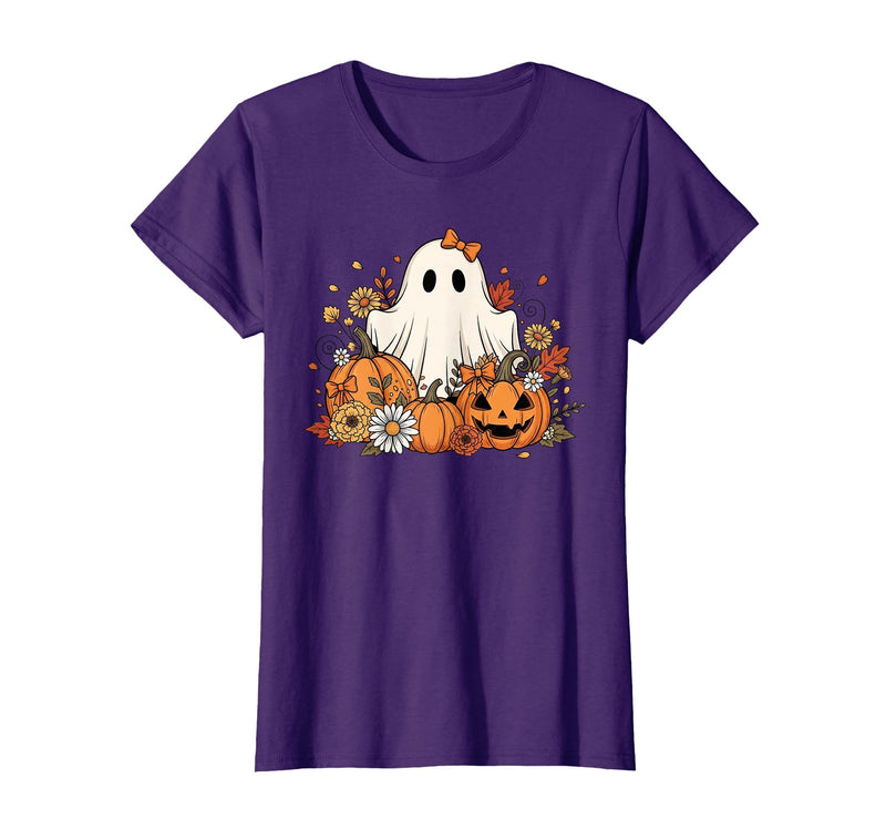 Ghost Halloween Flower Costume Floral Women Cute Ghost with Flower Halloween Pumpkin Autumn Women T-Shirt - Purple