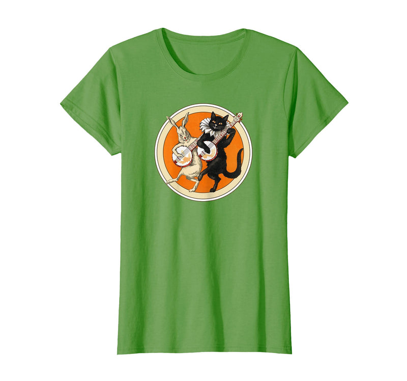 The Persnickety Owl Vintage Halloween Ephemera The Black Cat Magazine Halloween Cat Rabbit and Banjo T-Shirt - Grass Green