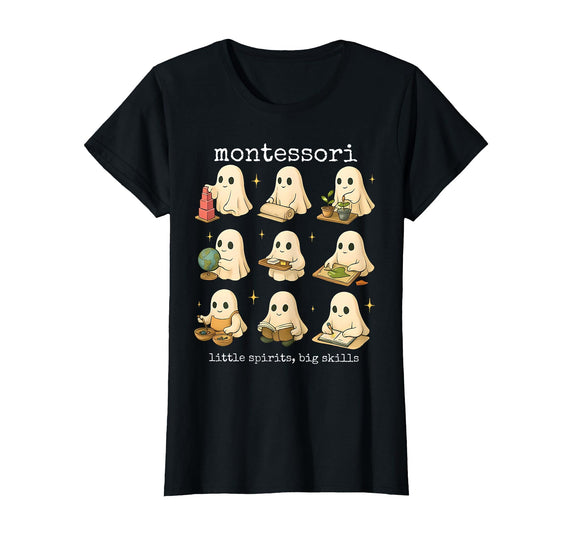 Ghosts Halloween Montessori Teacher Back To School Funny Ghosts Halloween Montessori Teacher Educator Costume T-Shirt - Black
