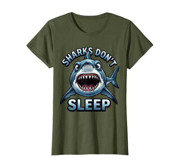 Mademark Sharks Don't Sleep Ocean Predator Design T-Shirt - Olive Green