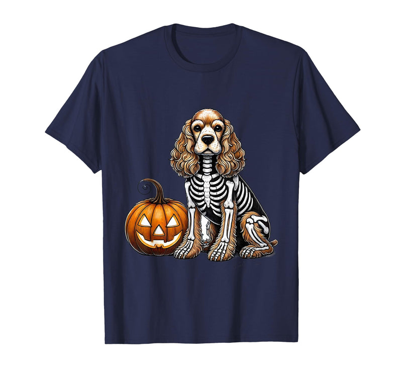Spooky Cocker Spaniel Skeleton Costumes Halloween Cocker Spaniel Skeleton Jack O Lantern Funny Dog Halloween T-Shirt - Navy