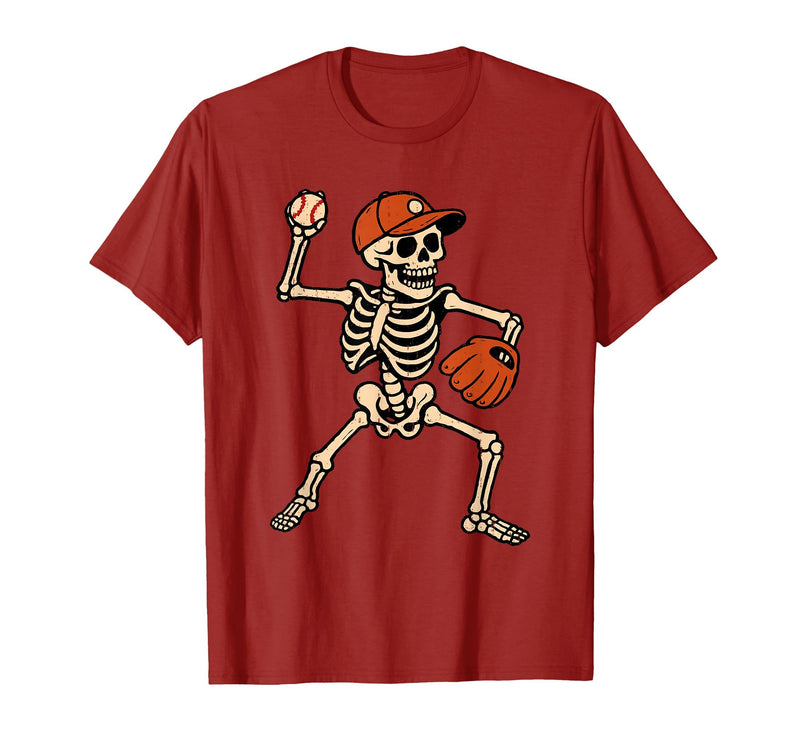 Funny Skeleton Baseball Tee Skeleton Baseball Halloween Costume Pitcher Sport Player T-Shirt - Cranberry Red
