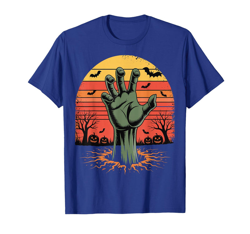 Creepy Undead Zombie Hand Retro Sunset Scary Zombie Hand Retro Sunset Halloween Horror Tee T-Shirt - Royal Blue
