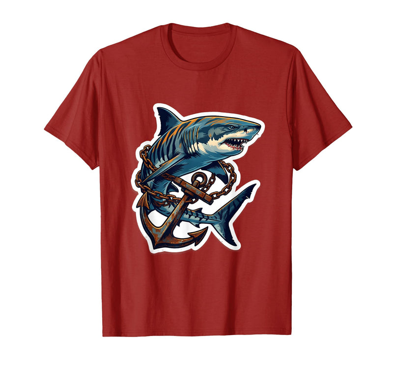 Mademark Tiger Shark Tangled in Anchor Chain Illustration T-Shirt - Cranberry Red