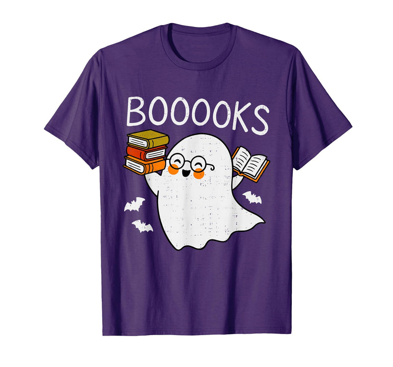 Halloween Tees for Women Men Kids Booooks Ghost Reading Halloween Library Librarian Teacher T-Shirt - Purple