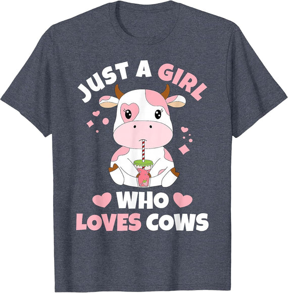 Just A Girl Who Loves Cows Cowgirl Print Strawberry Cow T-Shirt - Heather Blue