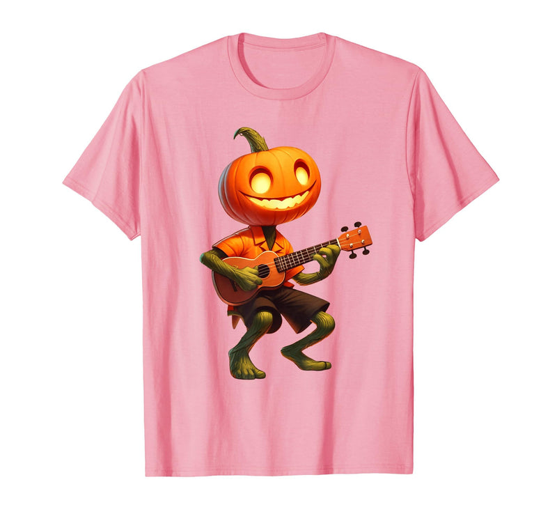 Funny Pumpkin Head Halloween Ukulele Tees Pumpkin Face Playing Ukulele Halloween Costume Men Boys Kids T-Shirt - Pink