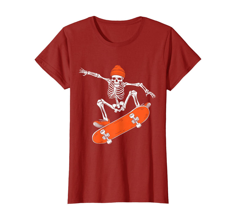Funny Boys Kids Skeleton Skater Art Skateboarding Skeleton Riding Skateboard Halloween Skater T-Shirt - Cranberry Red