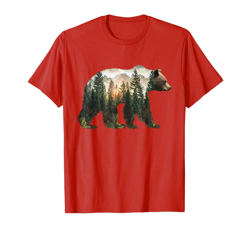 Bear Designs. Bear Forest Mountains Trees Nature Sunset Outdoor Graphic T-Shirt - Red