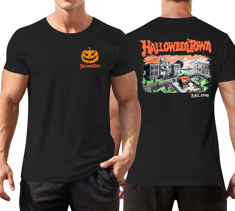 Ithalt Mens Halloween Shirt Halloweentown T Shirt Pumpkin Short Sleeve Top - Black3