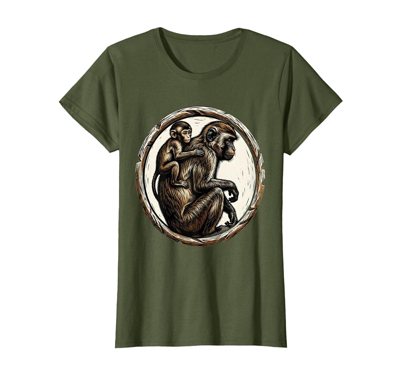 Mademark Baby Monkey Clinging to Mother's Back Design T-Shirt - Women - Olive Green