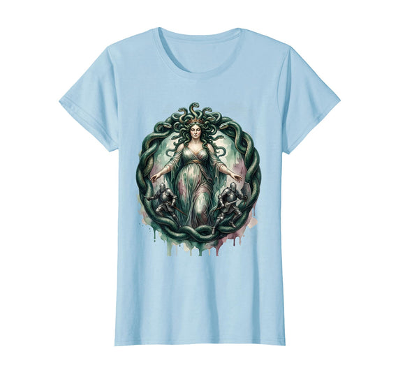 Mademark Curvy Medusa Turning Knights to Stone Halloween T-Shirt - Baby Blue