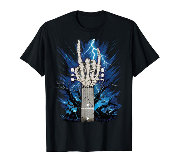 Guitar Player Halloween Costume Gift Co. Rock On Skeleton Hand Guitar Neck Rock & Roll Halloween T-Shirt - Black