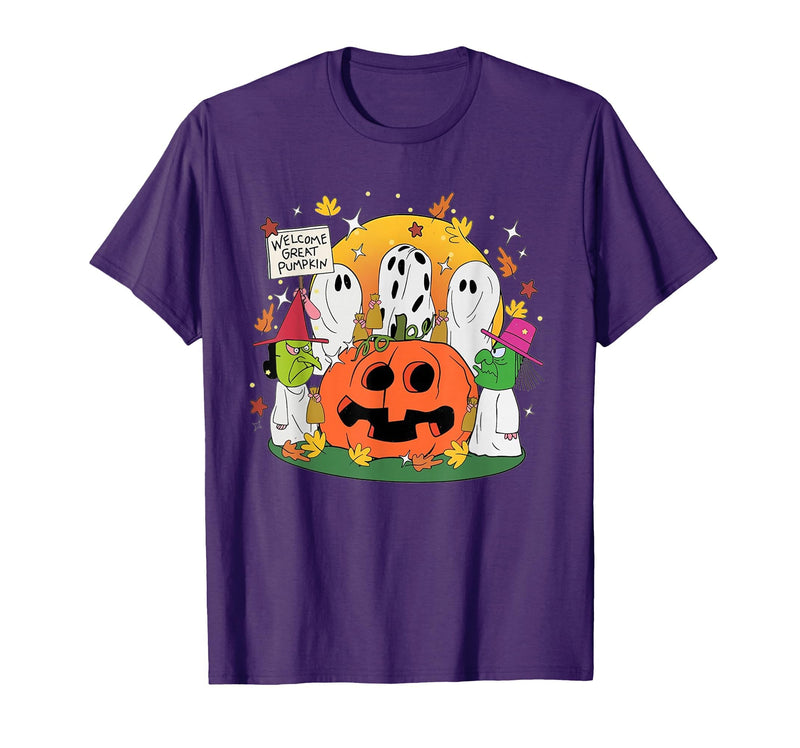 Funny Halloween gift tee Welcome Great Pumpkin Boo Witch Pumpkin Halloween T-Shirt - Purple