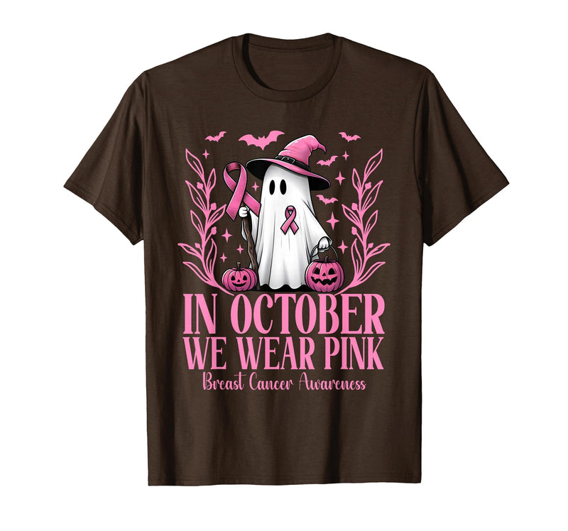 Arich.Tee's Breast Cancer Awareness Ghost in October We Wear Pink Breast Cancer Witch Ghost Halloween T-Shirt - Brown