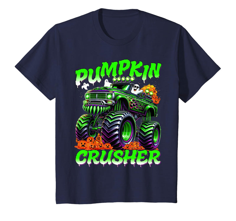 Pumpkin Crusher Kids Tees Pumpkin Crusher Monster Truck Ghosts Halloween for Boys T-Shirt - Navy Blue