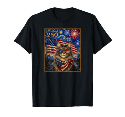 Merica250 Main Coon Cat Art America 250 Anniversay 4 of July USA Flag T-Shirt
