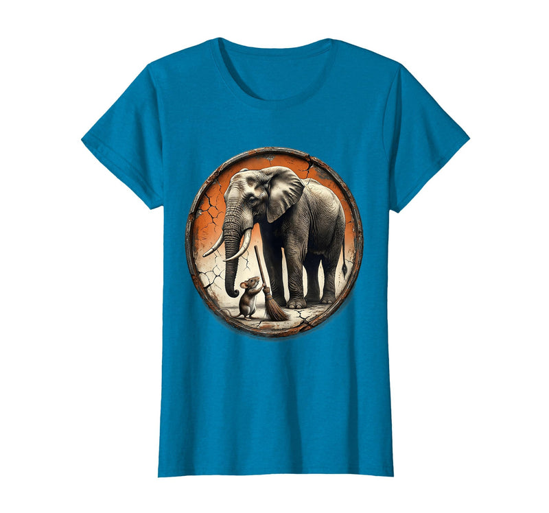 Mademark Mouse Hands Elephant a Tiny Broom Funny Animal Art T-Shirt - Women - Sapphire Blue