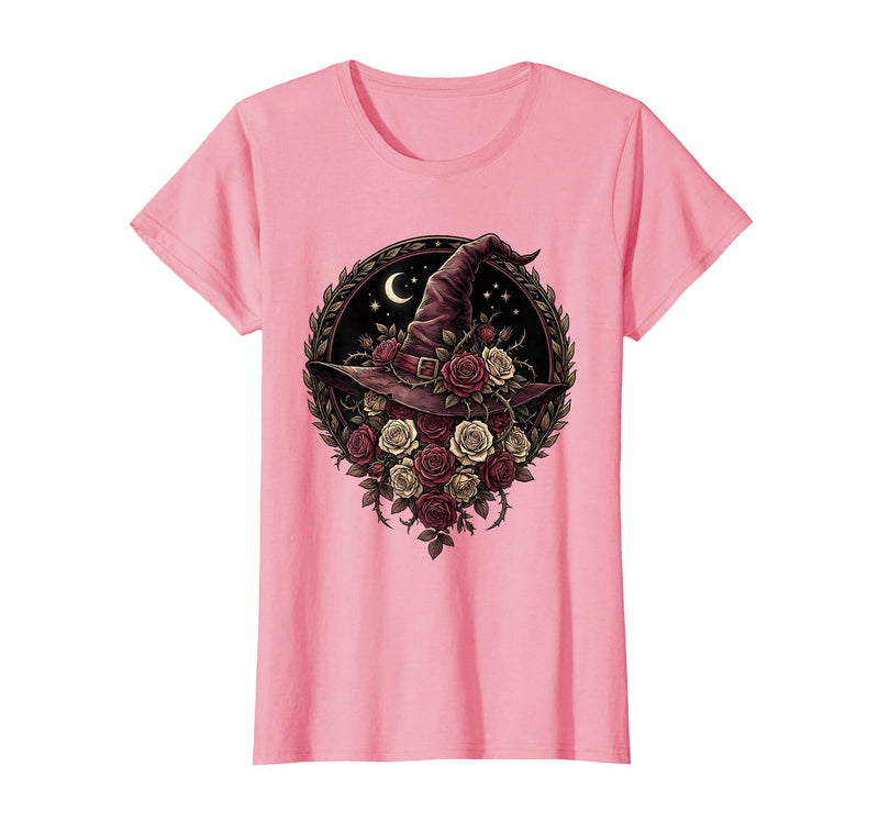 Mademark Witch Hat Black Roses Halloween Women's Design T-Shirt - Pink