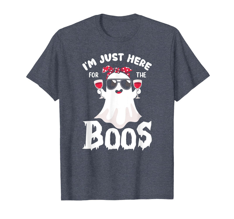 Addictive Designs Halloween Merch Funny Halloween, Just Here for the Boos, Ghost Drinking Wine T-Shirt - Heather Blue